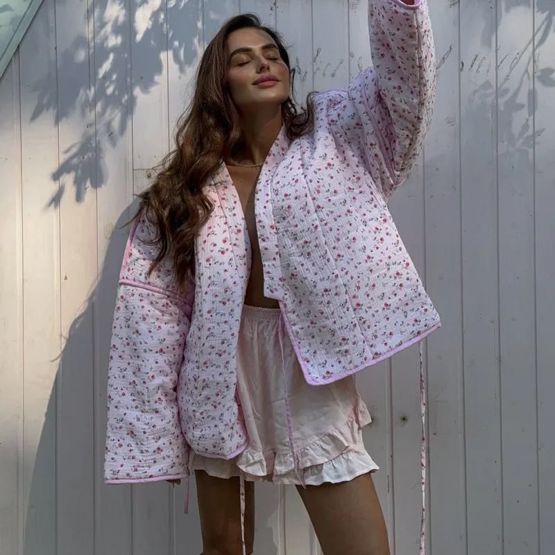 Sweet Floral Print Women's Cotton Coats Y-neck Lace Up Long Sleeve Loose Warm Jacket Fashion Casual Ladies Commuting Outerwear