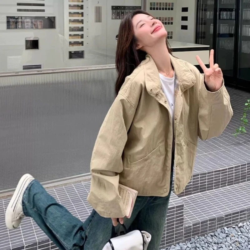 

​ Дизайнерская короткая куртка 2025 года, женское двустороннее клетчатое мини-пальто в корейском стиле, универсальное для миниатюрных оправок ​