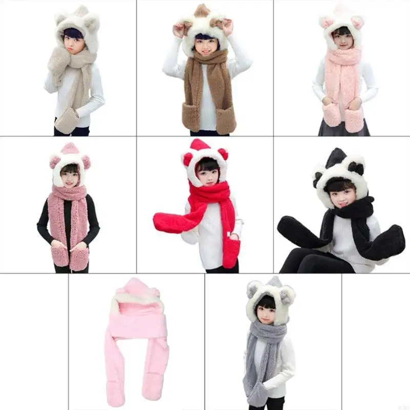 

97BE Girls Winter Hats 3 in 1 Warm Plush Hoodie Gloves Mitten Scarf Set