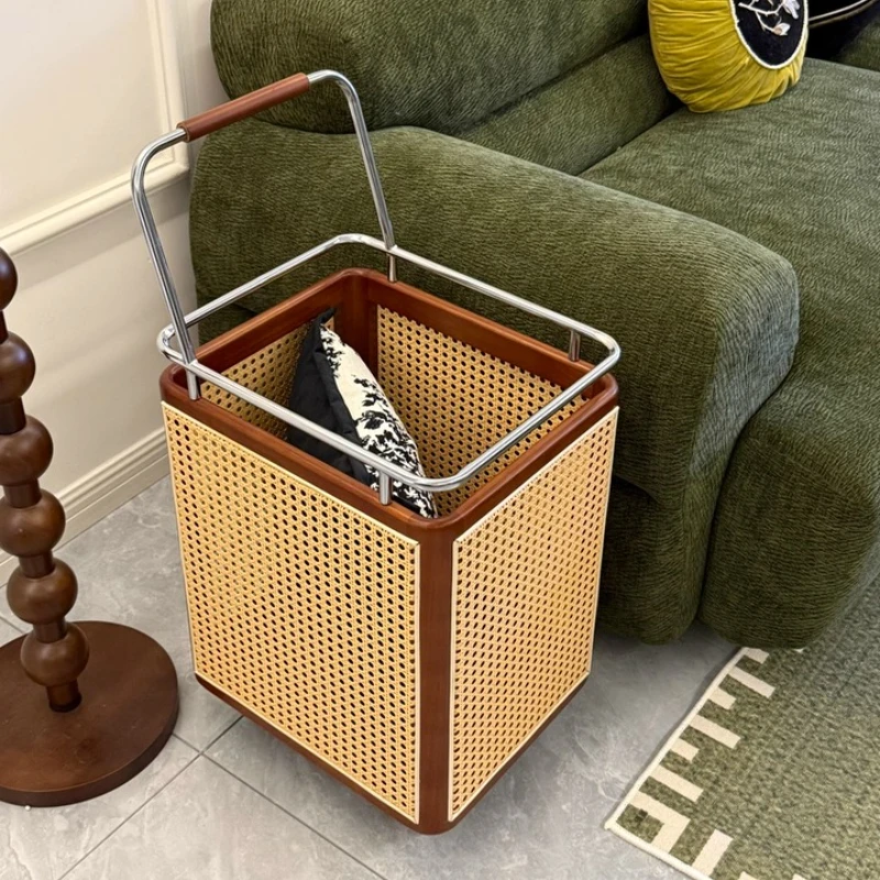 

Woven Rattan Laundry Hamper with Wheels Luxury Dirty Clothes Basket for Bathroom Rolling Storage Cart High-End Sundrie Organizer