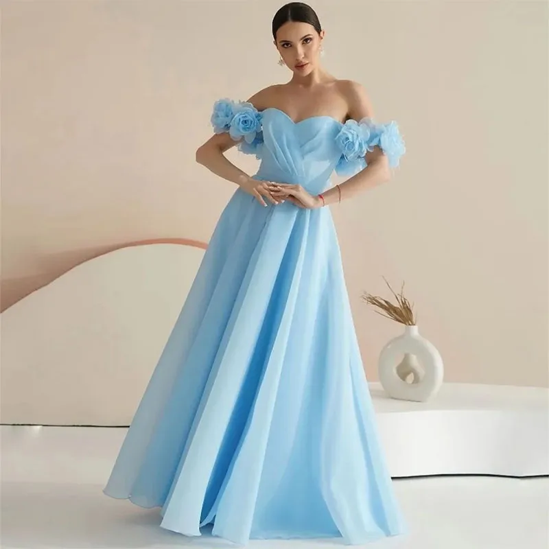 Robe de Soirée Longue Bleu Clair avec Fleurs Faites à la Main, Tenue de Bal Trapèze, Longueur au Sol, Formelle, pour Femme