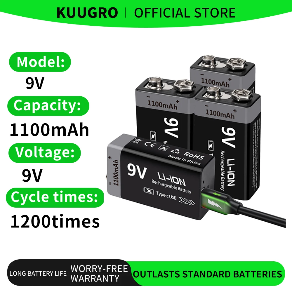 Kuugro USB 9V Rechargeable Battery 1100mAh Type-C Rechargeable 6F22 9V Li-ion Battery for RC Helicopeter Model Multimeter Toy