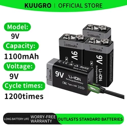 Kuugro 9V Rechargeable Battery 1100mAh USB Type-C Rechargeable 6F22 9V Li-ion Battery for RC Helicopeter Model Multimeter Toy
