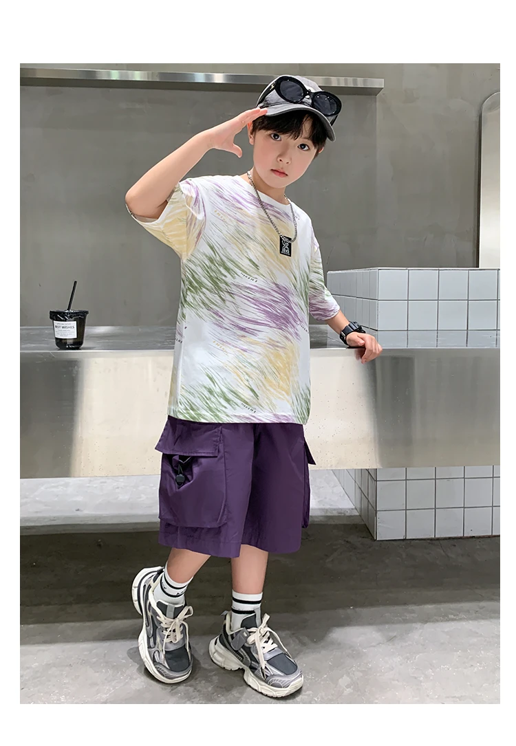 2-teiliges Set für Jungen im Alter von 5-14 Jahren, Teenager-Kinderbekleidung, neuer Sommeranzug für Kinder, Kurzarm-T-Shirt + Shorts, lässiges Street-Outfit. – Detail 7