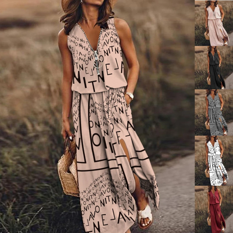 

Europe and America Spring and Summer New Women's Sleeveless Long Skirt Casual Women's Waist Zipper Letter Printed Dress