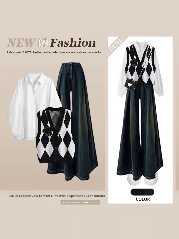 

Women's High Waist Wide Leg Pants Vest irt Tee Piece Set Faionable College Sle Diamond Pattern Spring Season