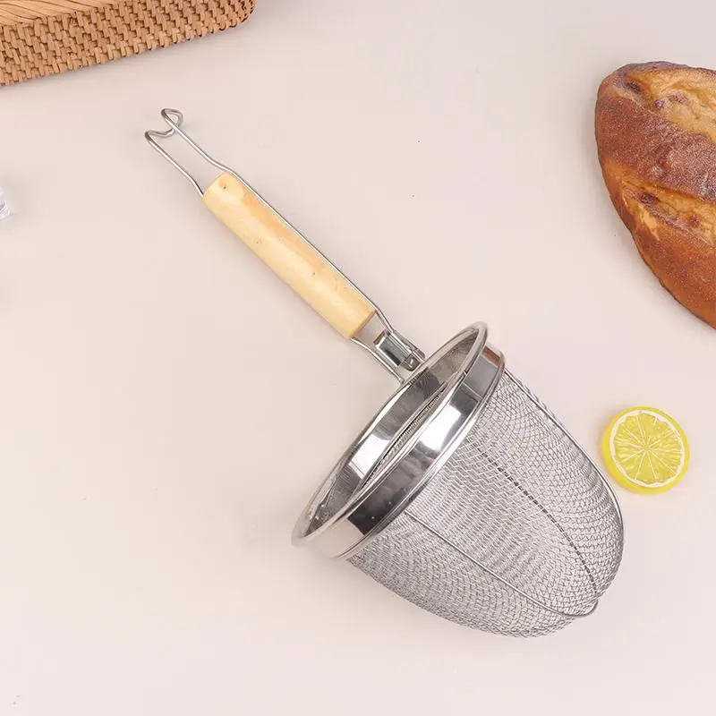 Stainless Steel Noodle Strainer with Wooden Handle for Draining Hot Pasta Professional Kitchen Cookware