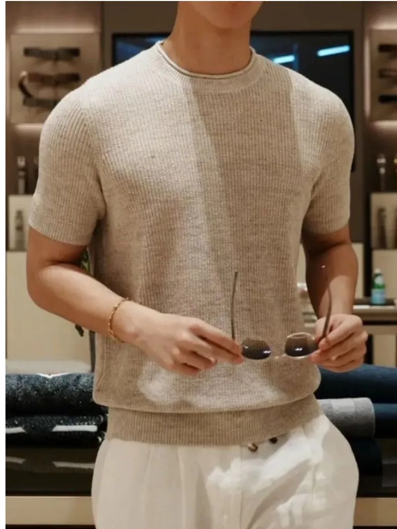 

Summer 2025 Men's Knitwear round Ne ort Sve Floral Pattern Loose Fit Breathable Casual Sle Youthful Energy Fiber Blend