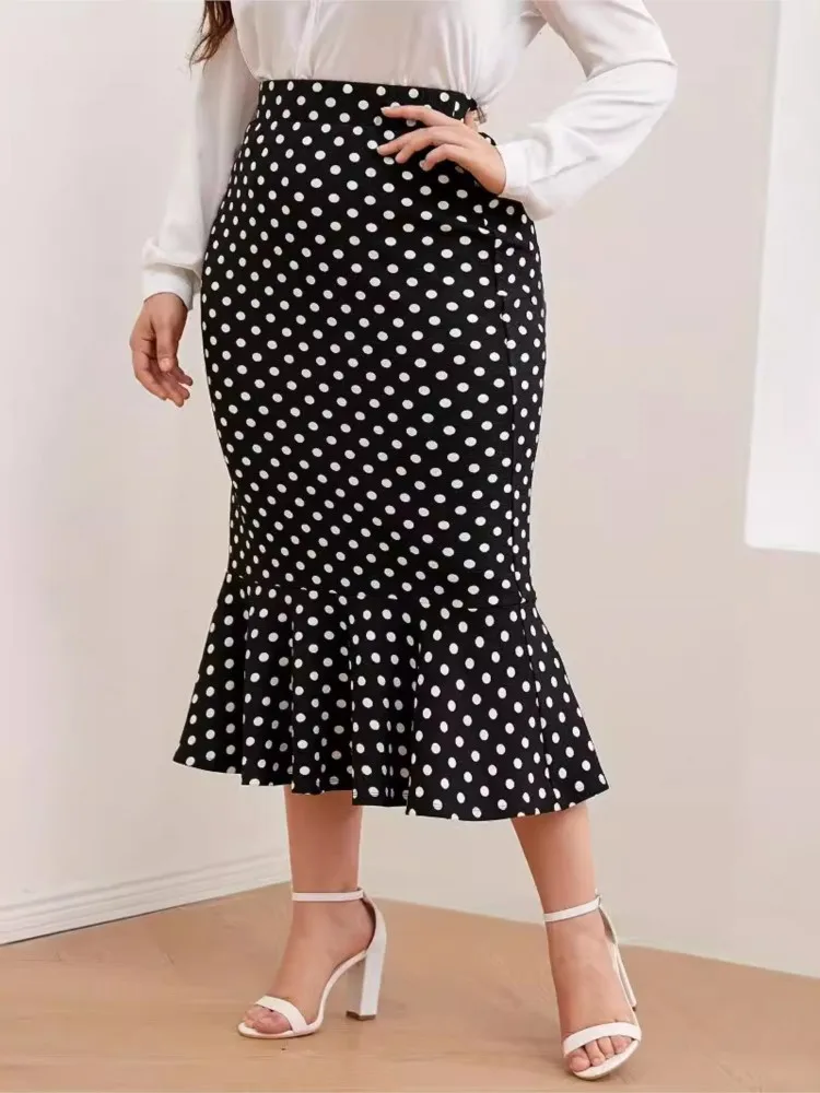 Plus Size Summer Polka Dot Print Midi Skirt Women Fishtail Ruffle Pleated Modis High Waist Ladies Skirts Slim Korean Woman Skirt