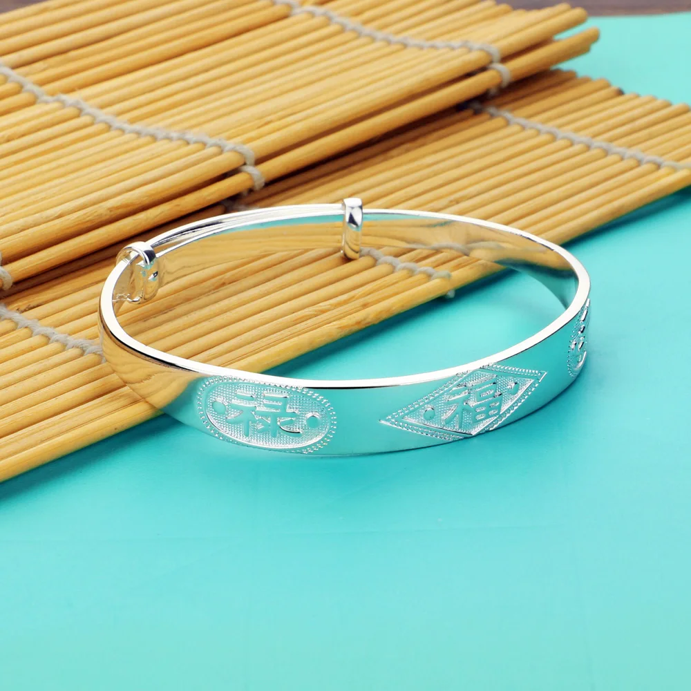 925 Sterling Silver Bangle Bracelets for Women Classic Chinese Style Wedding Jewelry Good Luck Traditional Classy Accessory 4