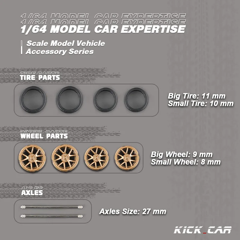 Rodas de carro modelo 1/64 d: 11mm + 11.5mm, peças de reequipamento prateadas e douradas, roda dianteira pequena e traseira grande para brinquedo, rodas quentes tomica