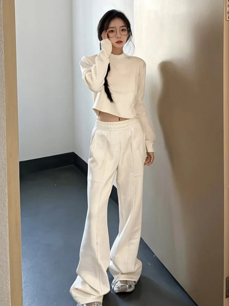 Autumn Winter Short Pullovers Top And Wide Leg Pant Sets Casual Woman Tracksuit Beige Slim Sweatshirt High Waist Pant Sets 2024