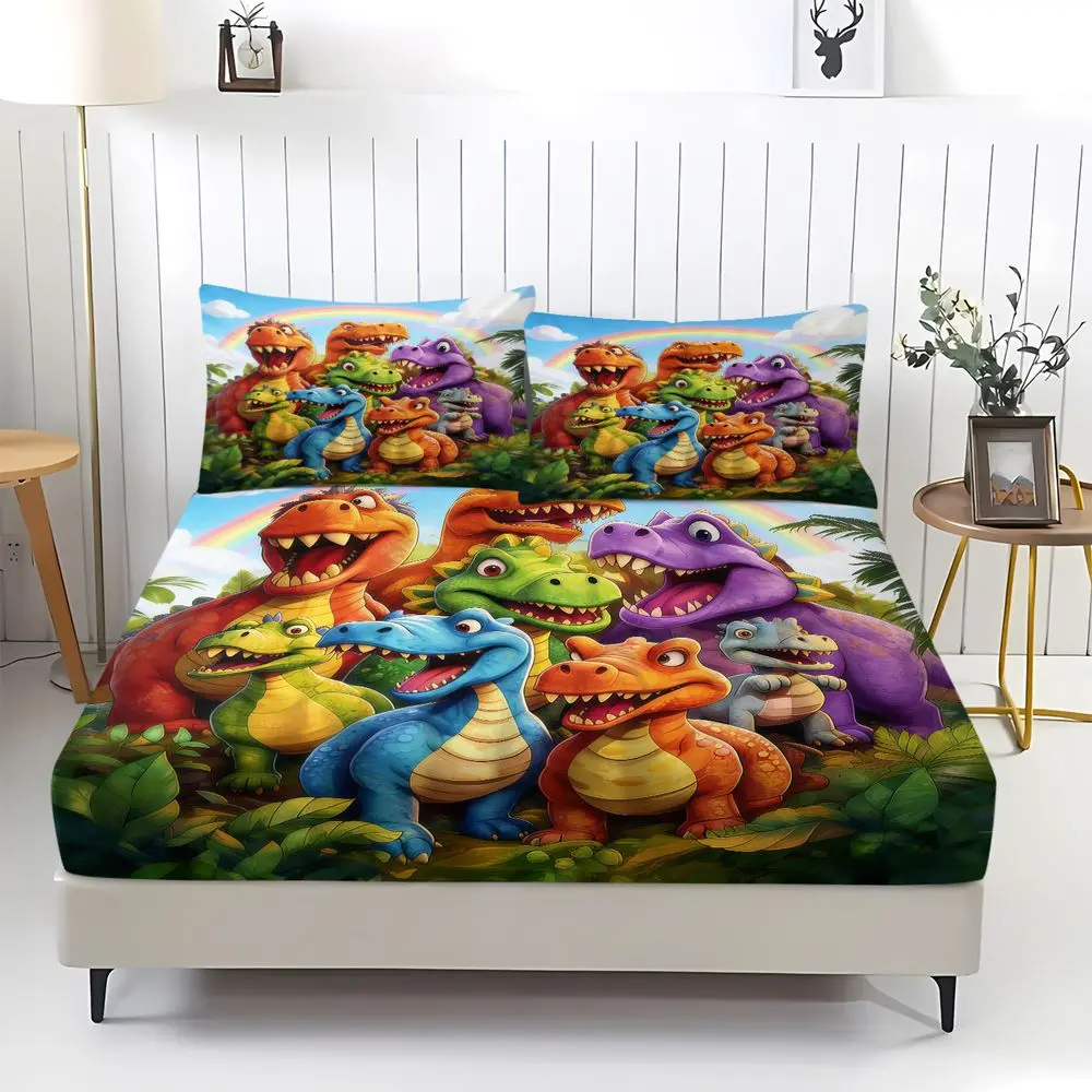 Dinosaur Print Fitted Sheet Set Bed Sheet Set Teen Bedding Set Soft Digital Printed Elastic Fabric for Bedroom Decor