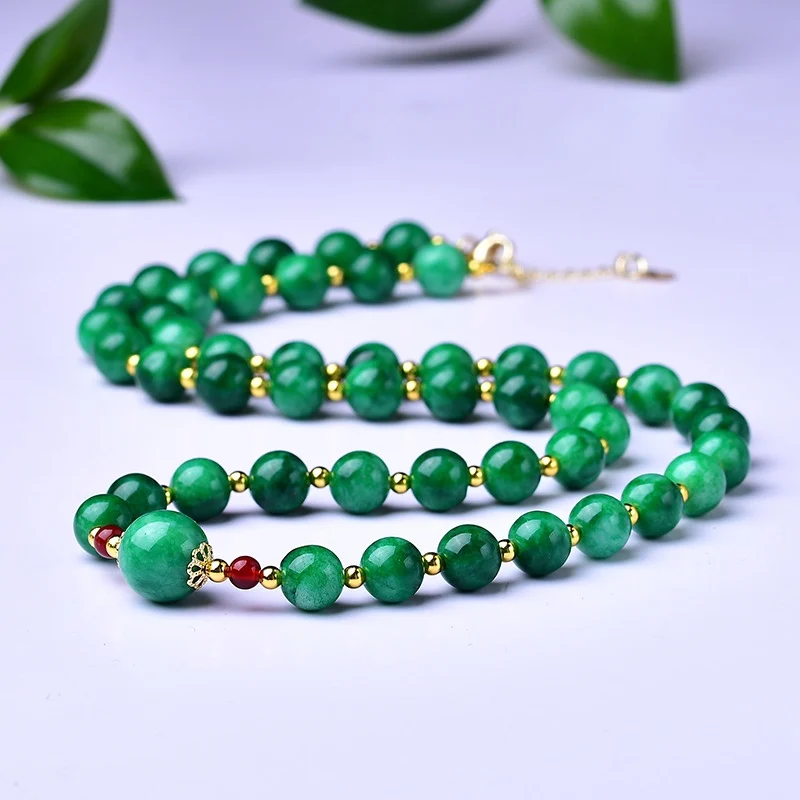 

Myanmar Dry Green Jade Round Bead Bead Collarbone Retro Style Simple Temperament Women's Necklace