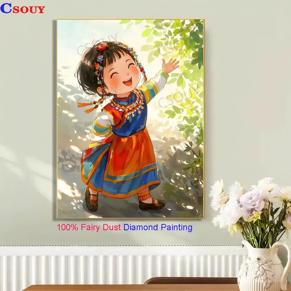 

100% Fairy Dust Diy Diamond Painting Cross Stitch Ethnic Minority Girl 5D Embroidery Square Mosaic Home Decor Needlework Crystal