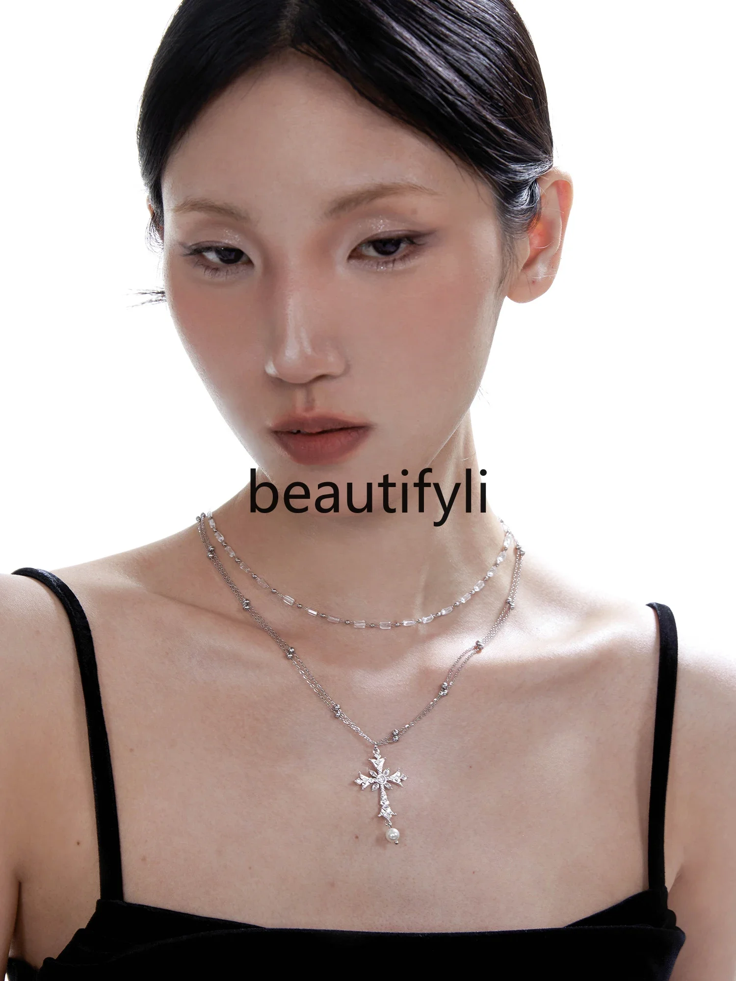 Broken urban silver cross pendant necklace titanium steel stacked with retro versatile collarbone chain