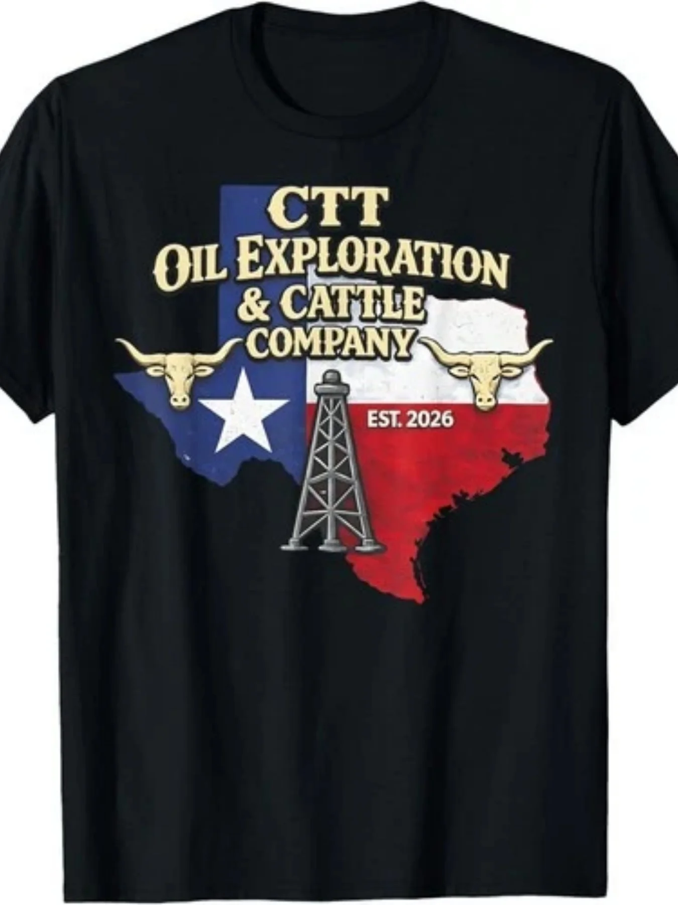Design Ctt Oil Exploration  Cattle Company Texas Unisex Tshirt  Soft Everyday  Christmas Eve Outfit, Seasonal Casual Wear, Festive Design, Comfortable Fit, Crew Neck, Slight Stretch, Regular Fit, Perfect For Adult Men, Short Sleeve, Plus Size