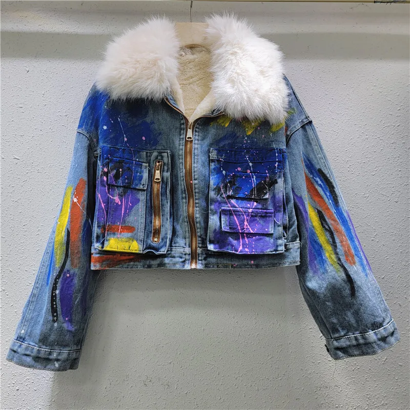 [EWQ] Fashion Hand-Painted Spliced Big Fur Lapel Design Denim Jacket Women Winter Thick Jeans Coat Parka 2024 Autumn New 16O3164