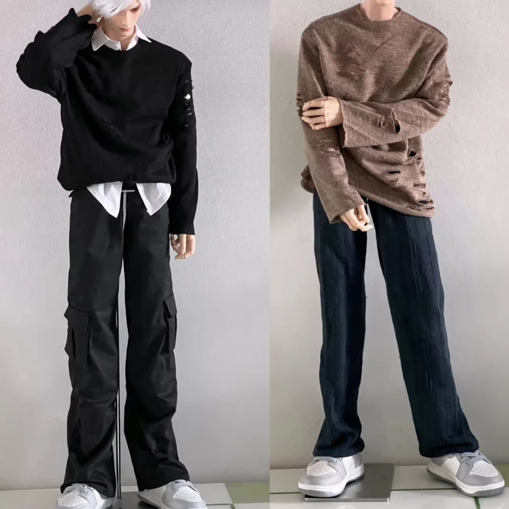 

D09-P673 children handmade toy uncle ID75 uf75 BJD Doll clothes black brown Ripped sweater porket grey pants1pcs