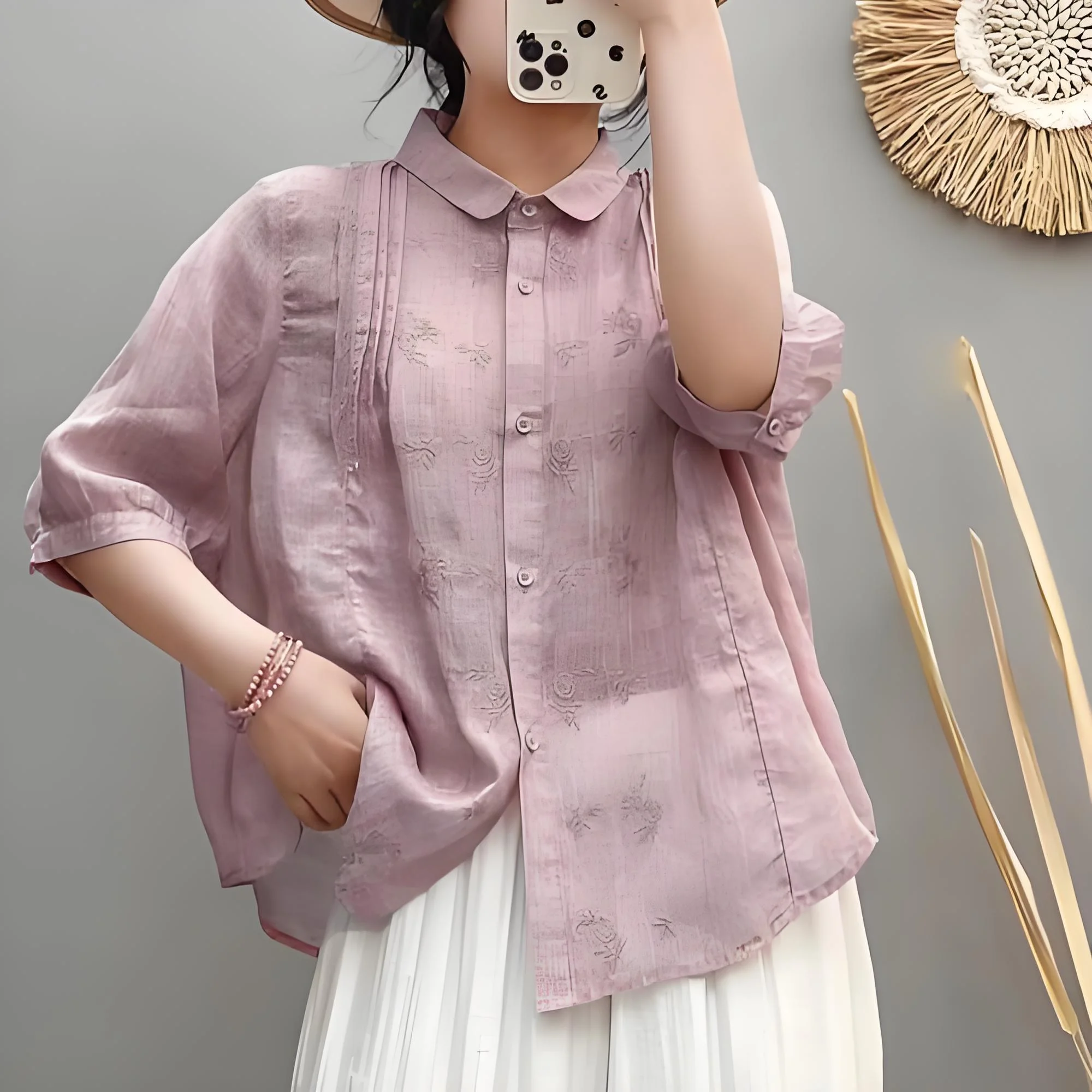 

Ele ort Sve Chinese Sle Women's irt Fre Cotton Linen Blend Anti-Aging Trendy Collar Regular Fit Pure Color