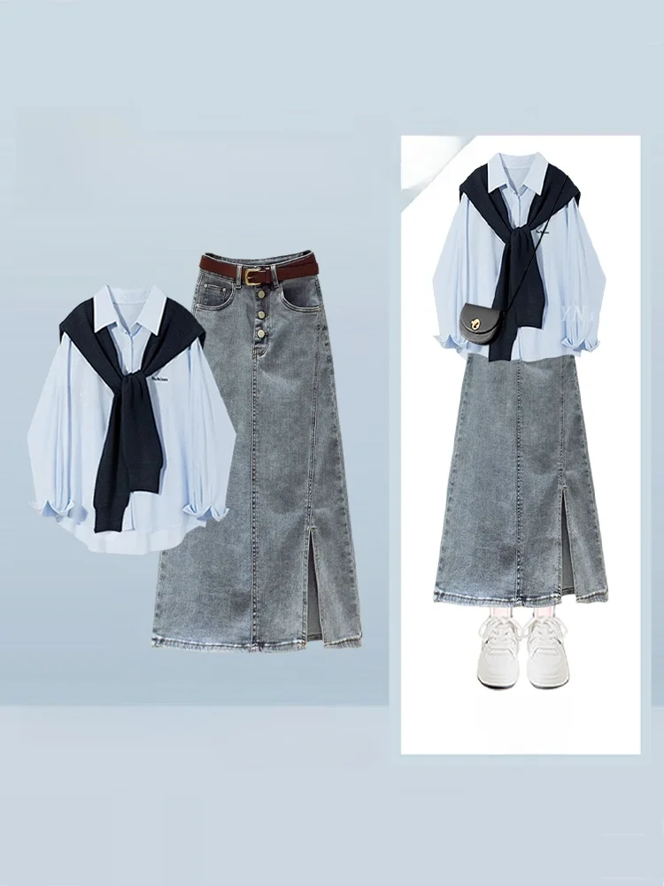 

Комплект для женщин больших размеров: корейская рубашка с длинным рукавом и джинсовая юбка, повседневный свободный крой, осенний модный ансамбль