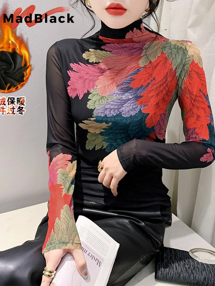 MadBlack European Clothes T-Shirt Mock Neck Thicken Fleece Print Ladies Slim Mesh Tops Long Sleeve Tees Autumn Winter T3N902JM