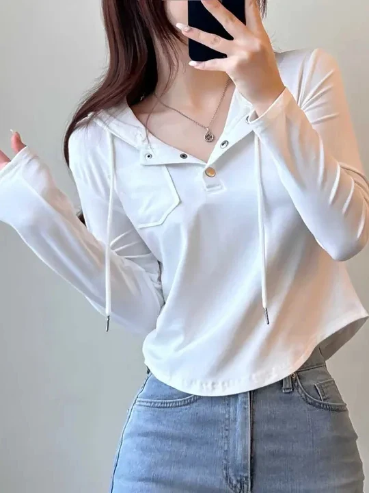 T-shirt à capuche français Sle Long Sve pour femmes, longueur ort f, col ouvert, boutonné, haut Chic pour la saison d'automne