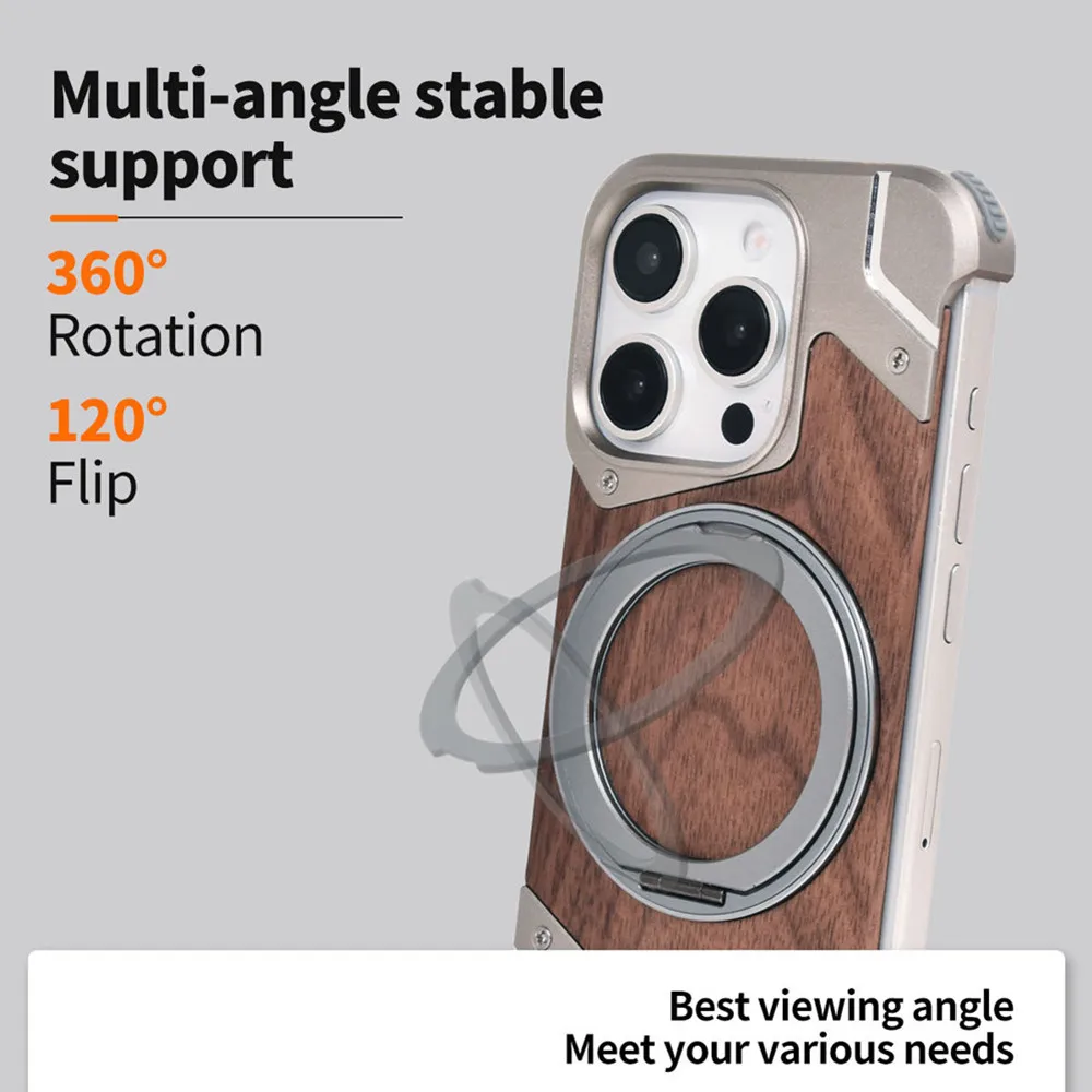 Titanium Alloy Metal Wood Case for iPhone 13 14 15 16 Pro Max 16Plus 360 Rotate Bracket Shockproof Bumper Wireless Charging Case