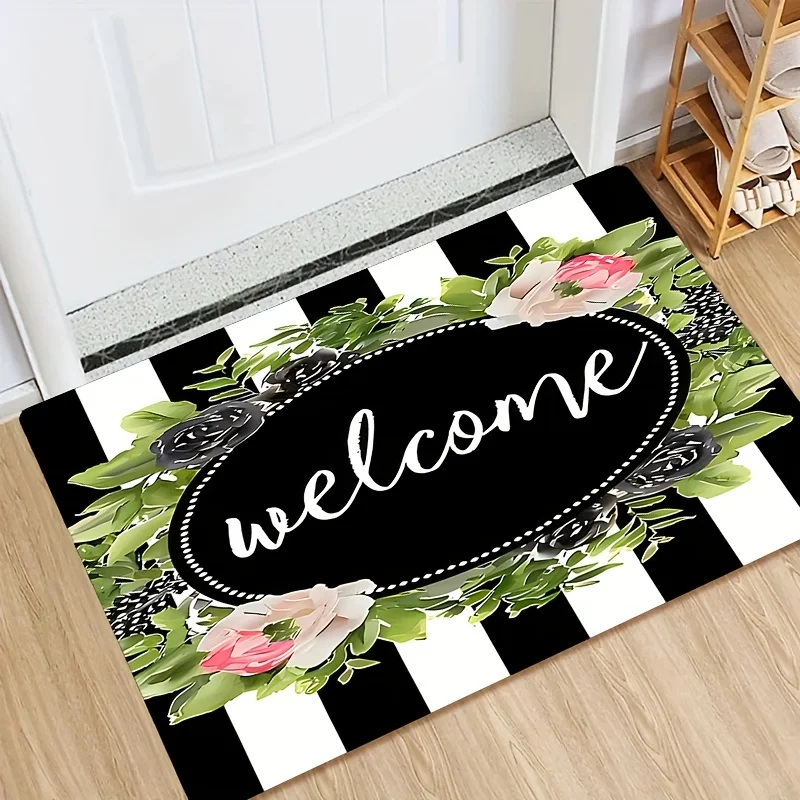 Floral Welcome Printed Door Mat Non-Slip Absorbent Machine Washable Rug for Entrance Living Room Fall Home Porch Decor