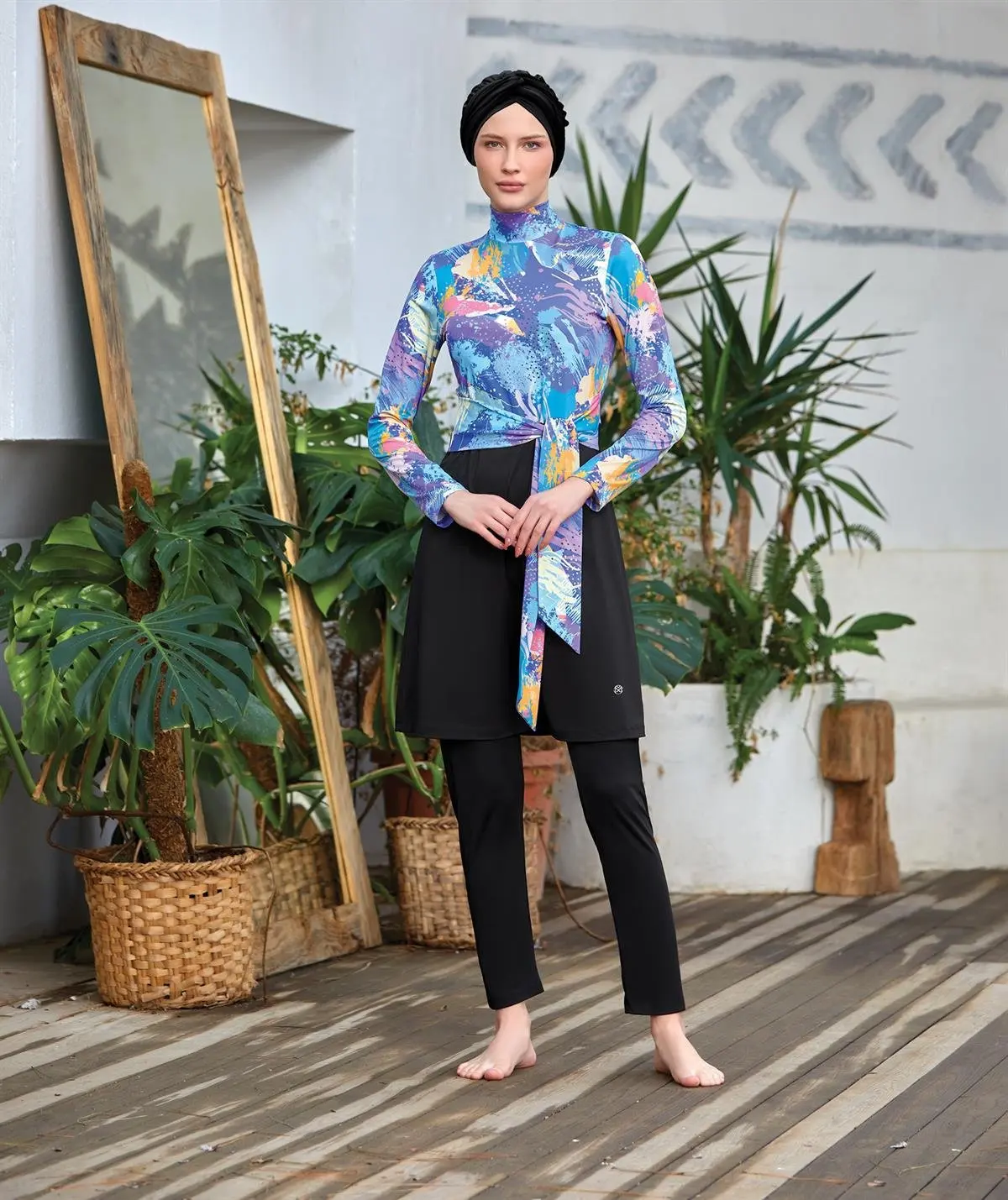 3pcs New Burkini Femmes Muslim Modest Swimwear Floral Printed Long Sleeved Swimsuits with Ribbon Arabic Swimwear with Hijab