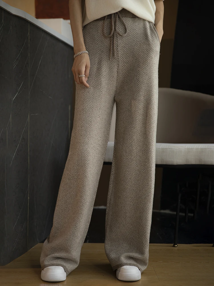 Chic Women’s Wool Trousers Autumn Winter Cashmere Wide Leg Pants Elastic Waist Casual Herringbone Pants 100% Merino Wool Knitted