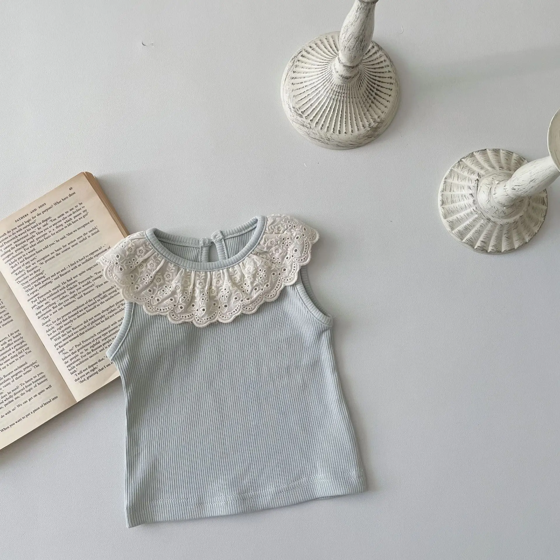 T-shirt d'été en coton pour bébé fille, vêtement pour nouveau-né, gilet à revers en dentelle, bande de fosse, 2024