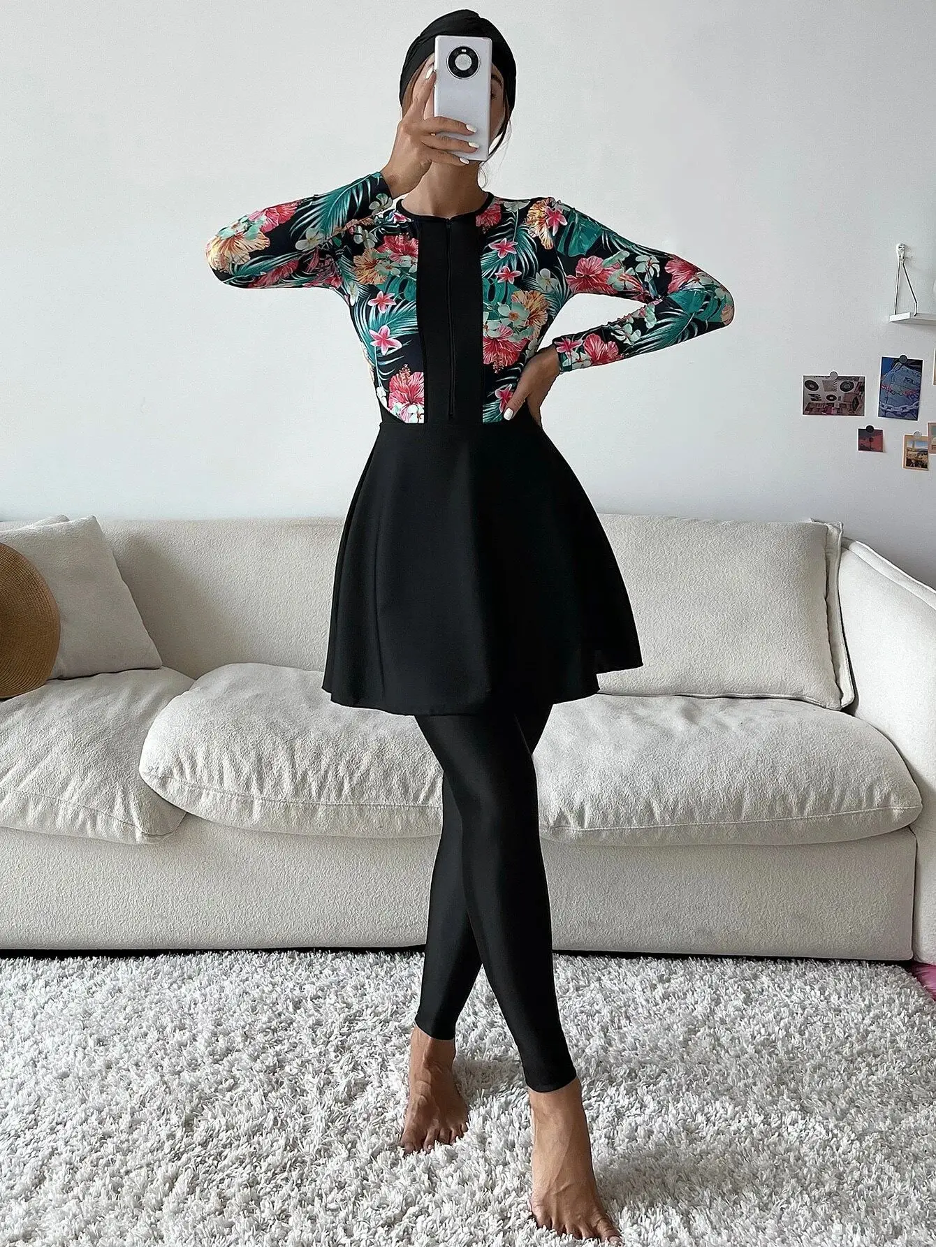 4pcs Burkini Femmes Set Muslim Modest Swimwear Floral Printed Long Sleeve Swimsuit with Hijab Arabic Beachwear for Women