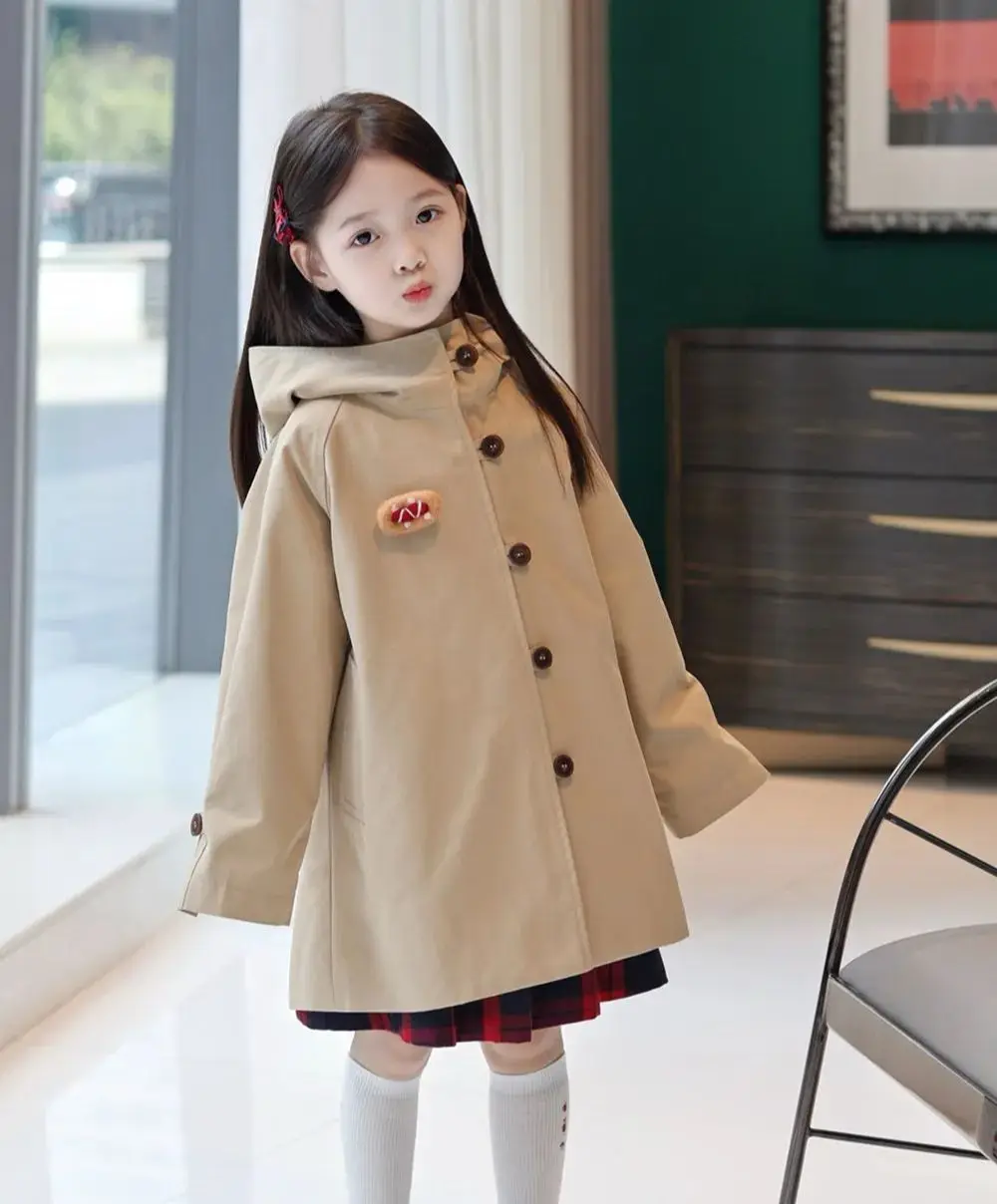 

girls clothes baby coat Khaki and navy blue solid color windbreakers Elf hat cloak style windbreaker coat
