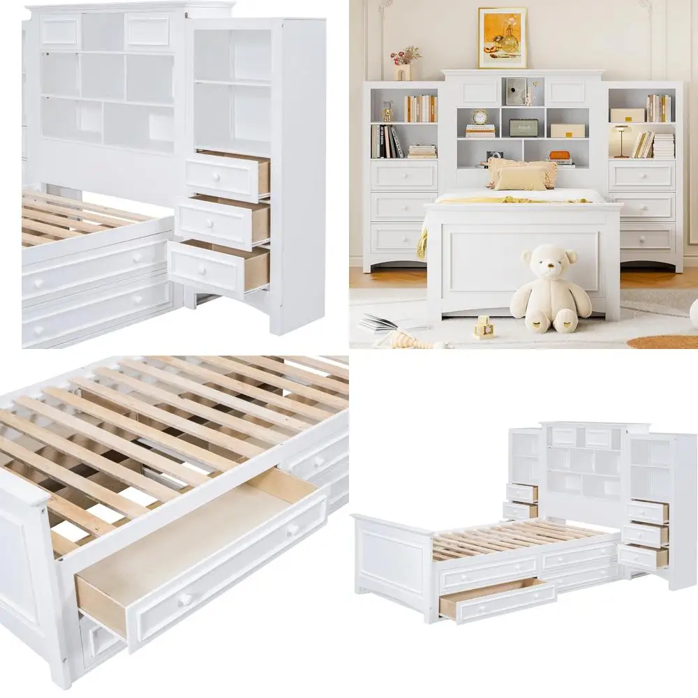 

Белая двуспальная кровать-платформа с местом для хранения, тумбой и 4 ящиками, многофункциональная, для детей и подростков