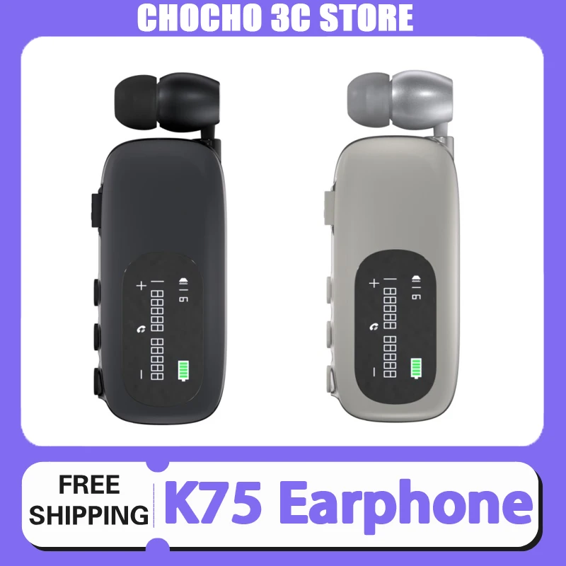 

K75 Earphone Bluetooth Wireless Collar Clip Type Earphone Quick Charge Tpe Noise Reduction Lcd Earphone Single Ear Wear Custom