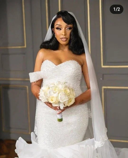 Suknia Ślubna Syrena z Organzy z Koralikami, Cekinami i Falbanami, Personalizowana, Urocza i Delikatna, Vestido De Novia