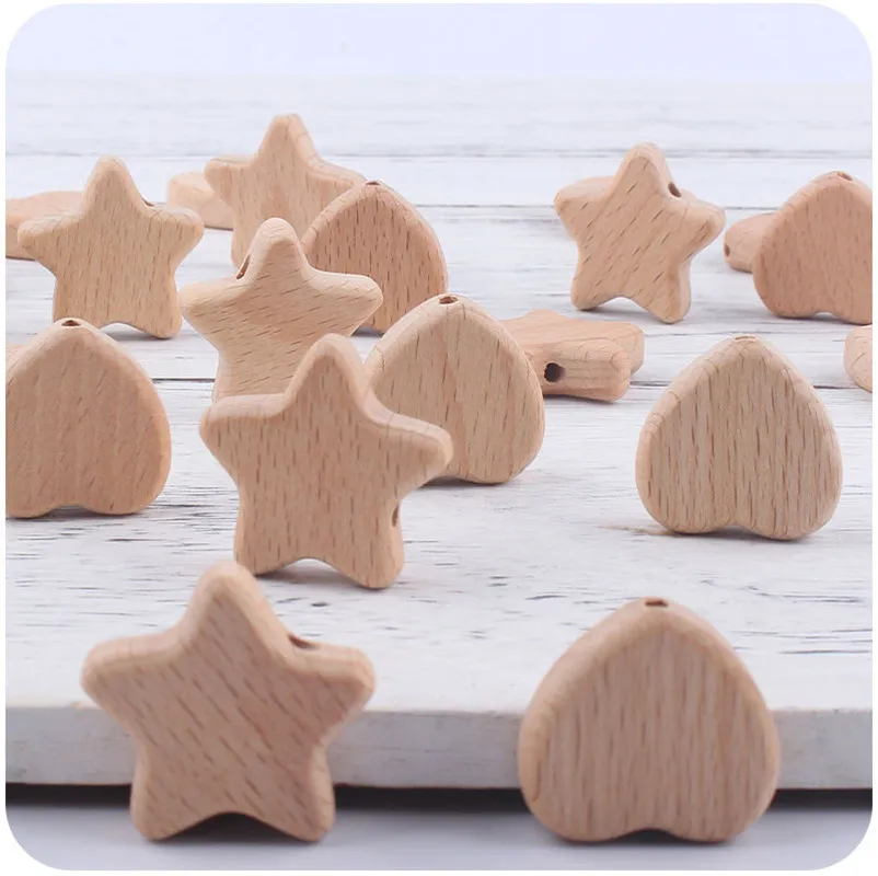 10Pcs Beech Wooden Beads Heart Star Shape Baby Teether Beads for DIY Necklace Pacifier Chain Crafts Jewelry Making