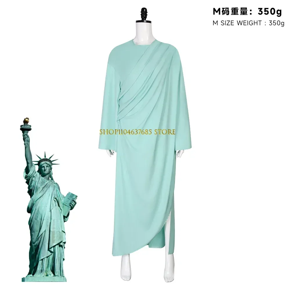 자유의 여신상 코스프레 성인 레이디 리버티 의상 녹색 여성 애국 컬렉션 할로윈 파티 멋진 드레스 모자를 쓰고 있죠
