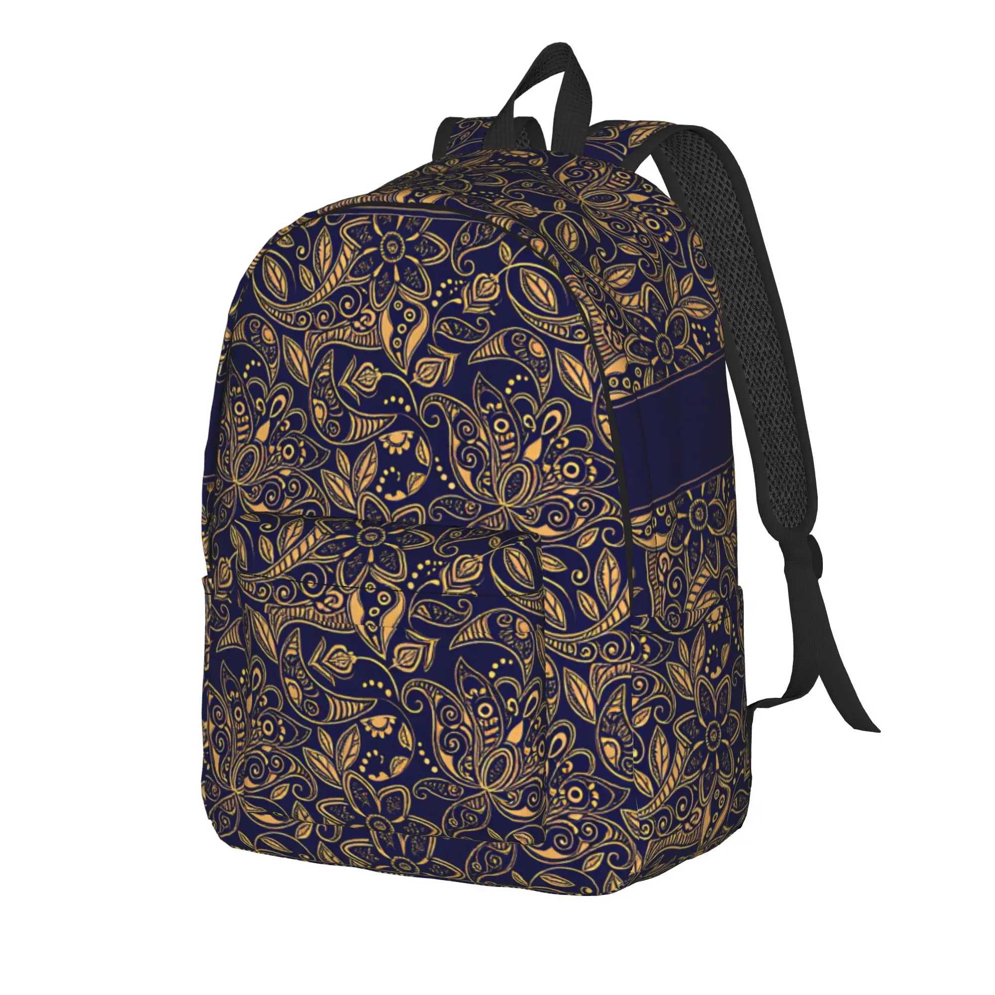 Dark Navy Gold Line Paisley Floral Backpack Unisex  Breathable Backpacks Polyester Cute High School Bags Camping Rucksack