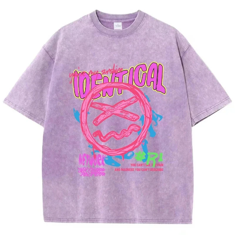 

Мужская футболка из выстиранного хлопка с забавным принтом в стиле граффити с меланхоличным выражением, летняя уличная одежда оверсайз с коротким рукавом