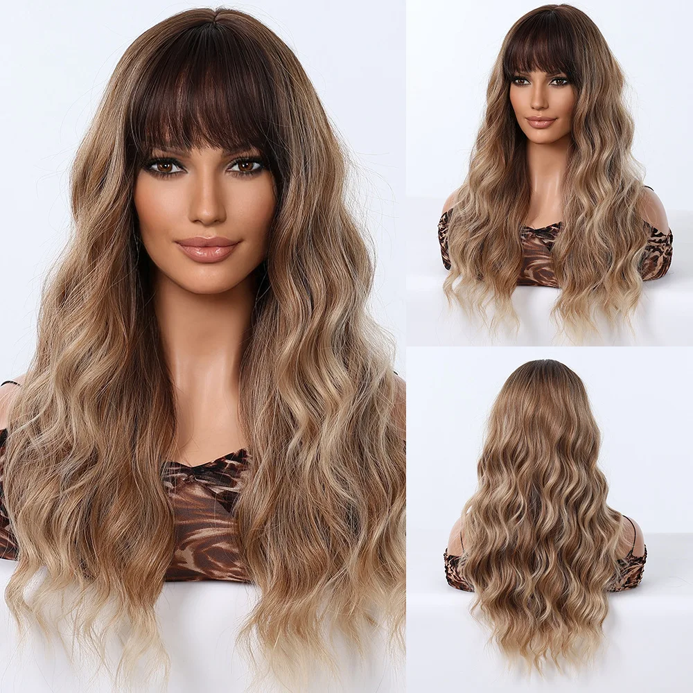 

Hot-selling wig brown gradual change women long curly hair European and American daily Qi bangs wig full headgear