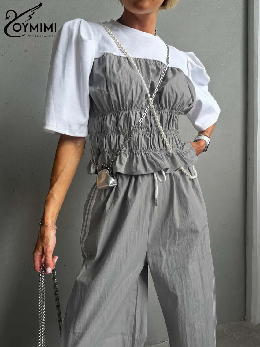 Oymimi Casual Grey Patchwork Sets For Women 2 Pieces Fashion O-Neck Short Sleeve Blouses And Drawstring Straight Trousers Sets