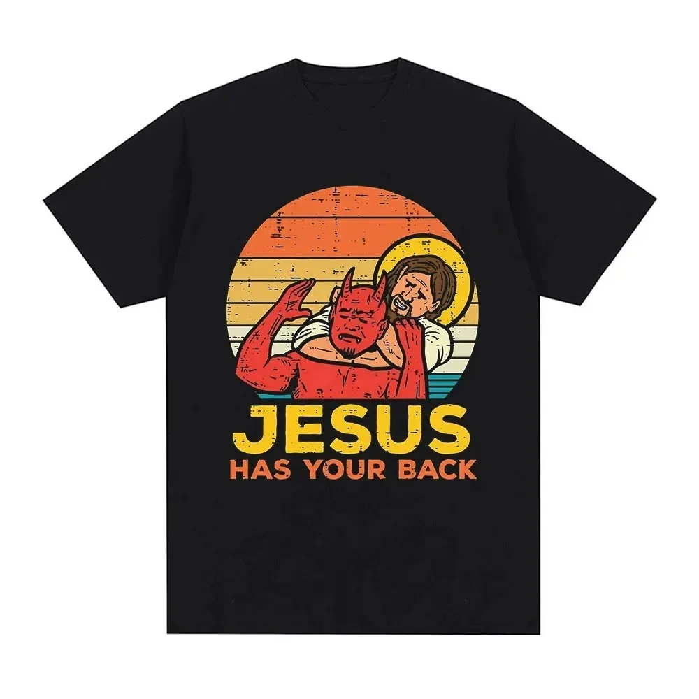 Funny Jesus Has Your Back Jiu Jitsu Retro Christian T-shirt Men\'s 100% Cotton Fashion High Quality Oversized T-shirts Streetwear