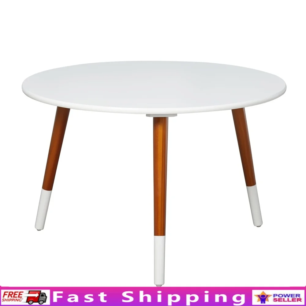 

Mid Century Modern 28 Inch Round Coffee Table White MDF Top Walnut Legs Living Room Furniture Accent Table