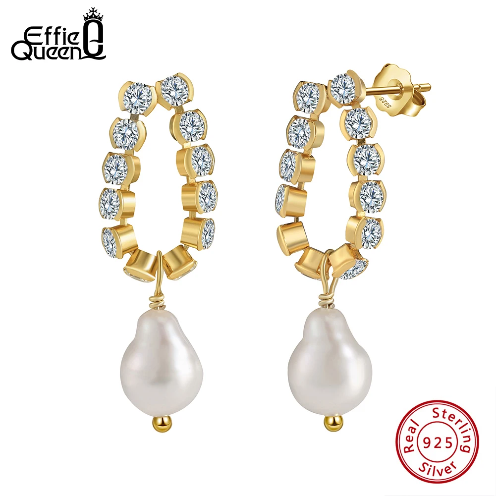 

Effie Queen Luxury 925 Sterling Silver Natural Baroque Pearl Drop Earrings Shiny AAAA CZ Earrings Jewelry Gifts for Women GPE76