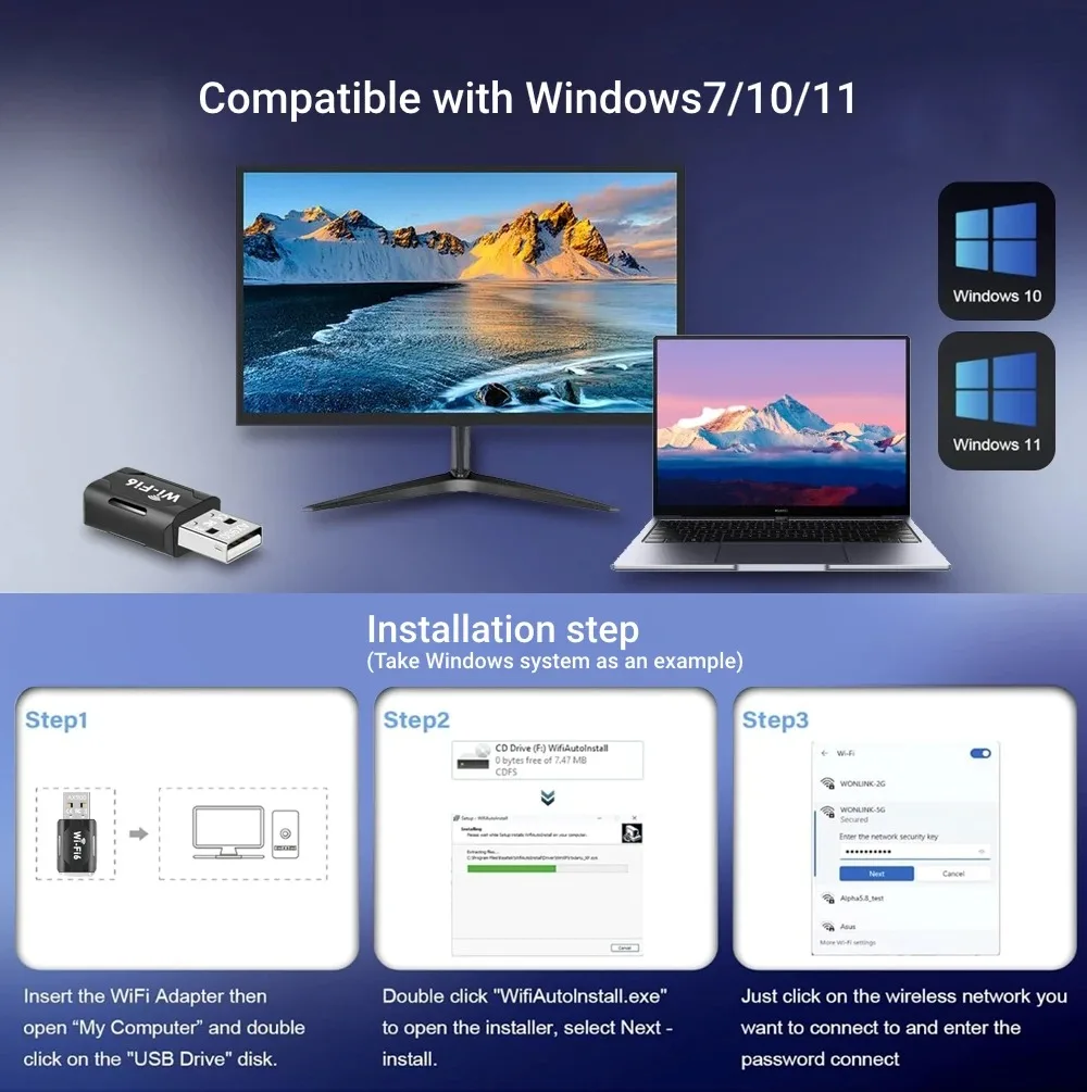 900Mbps USB WiFi 6 Adapter Dual Band 2.4G 5G Wireless Network Card for PC External USB Network Receiver Transmitter Drive Free