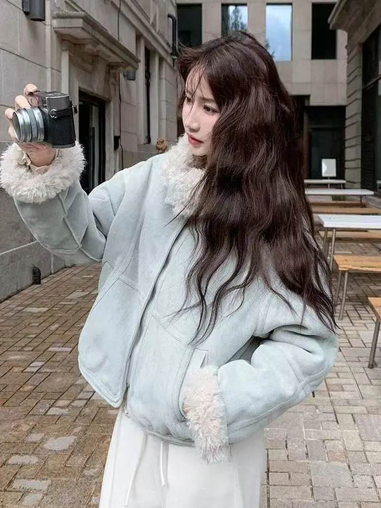 

Blue Thiened Leather Fur Inteated ort Jaet Women's Warm Lamb Fur Collar Ultra Beautiful Winter Coat Cotton Clothes
