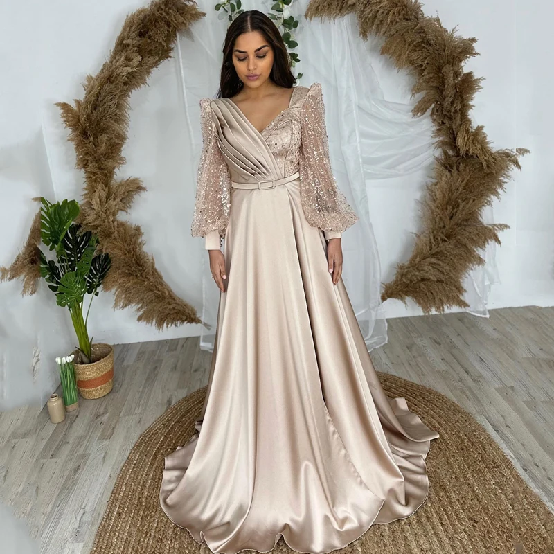 

Thinyfull 2023 Formal A-Line Prom Dresses N-Neck Puff Sleeve Glitter Evening Dress Saudi Arabia Cocktail Party Gowns Plus Size