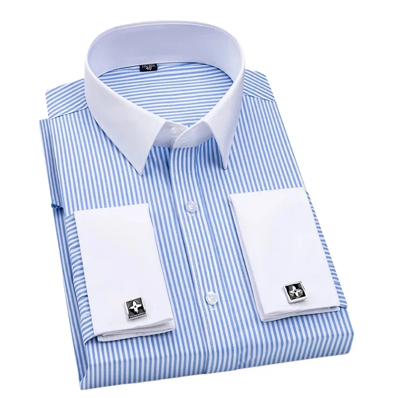 2026 Men's Windsor Collar Retro Business Dress High-grade Double Folded Sleeve  Men's Long-sleeved Shirt  French Cufflinks